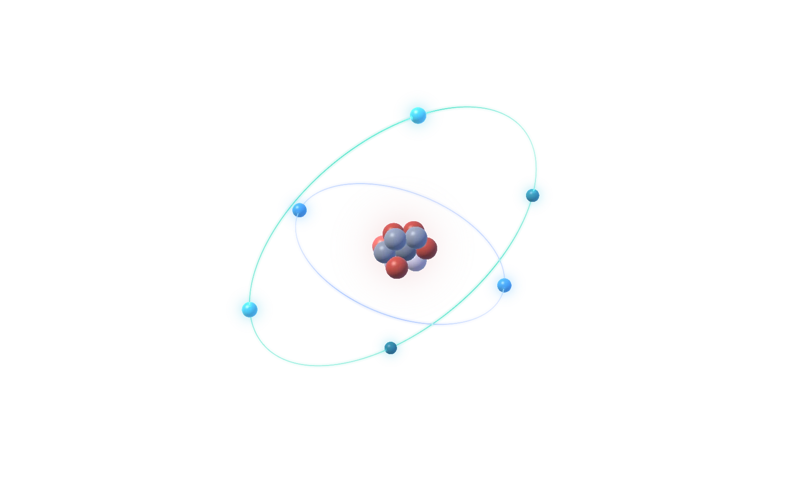 3D model of a carbon atom showing the nucleus and electron shells