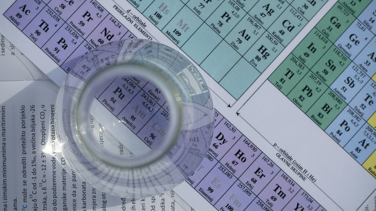 Periodic table highlighting group 7 and a laboratory gas-phase chromatography setup