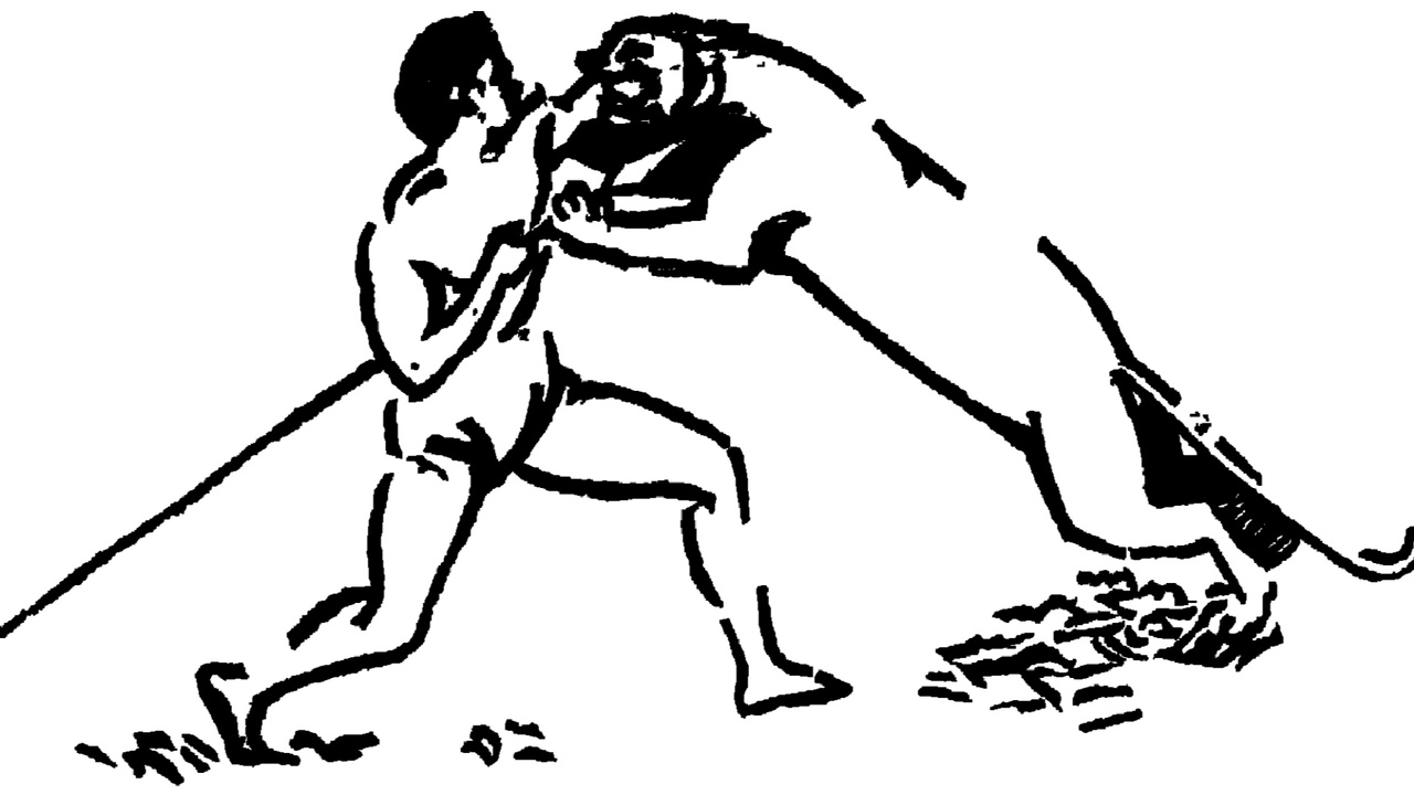 Historic woodcut of a tiger looming over a figure, illustrating folklore fears.