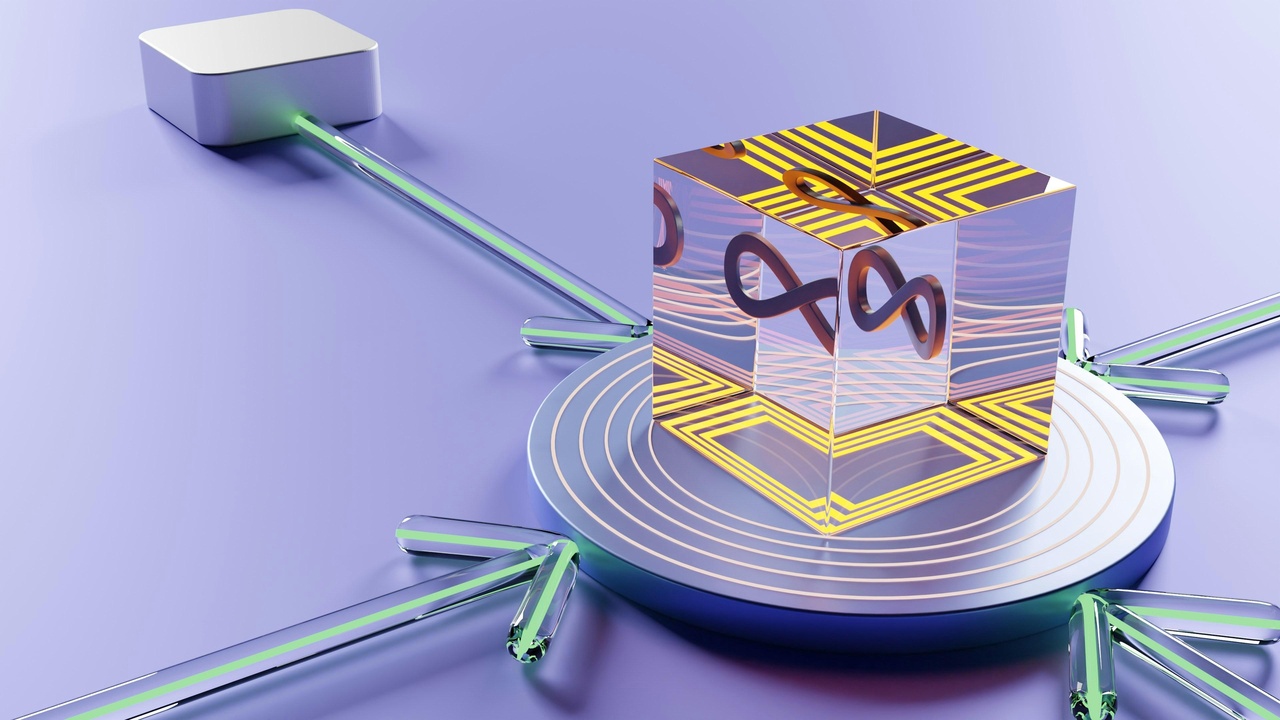 Schrödinger equation graphic overlaid on semiconductor wafer and quantum computing hardware