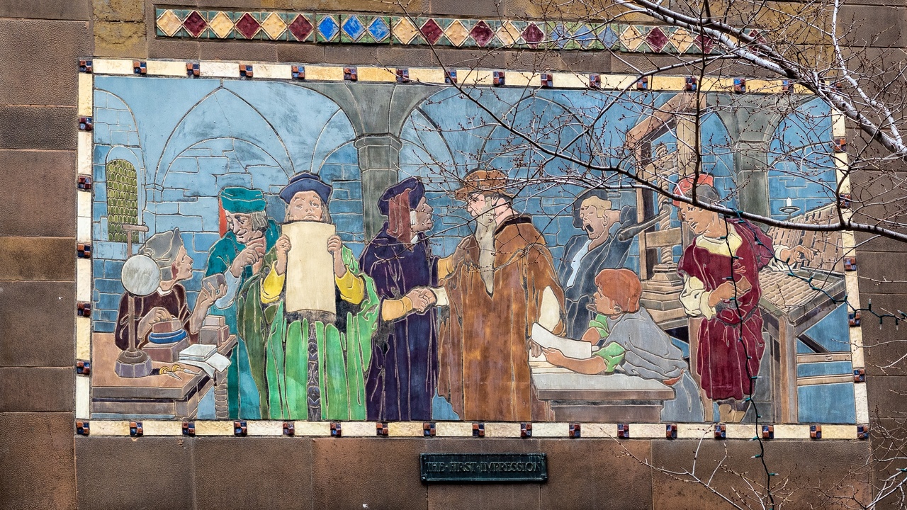 Gutenberg Bible page and early metallurgy illustration