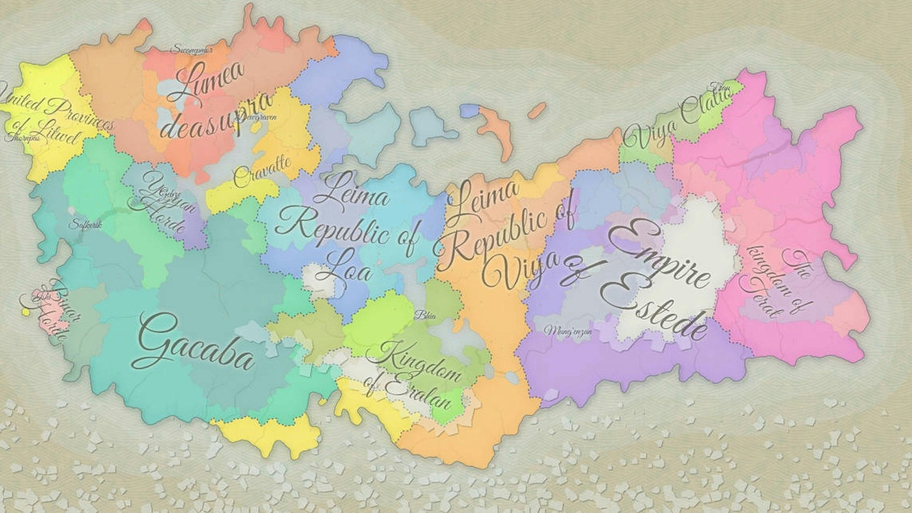 World map with different regional and continental naming conventions