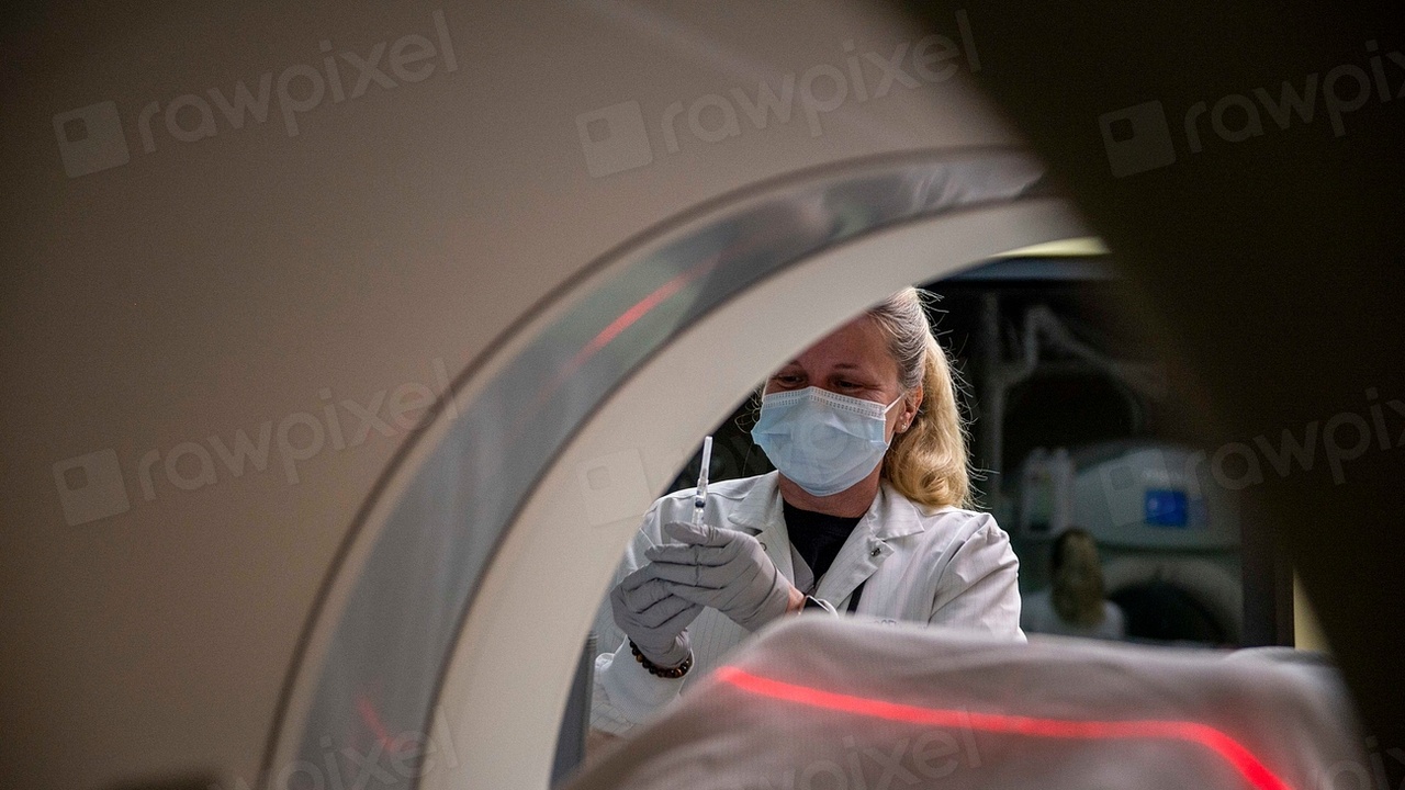 Collage showing a PET scan, a nuclear power plant, and a particle accelerator facility