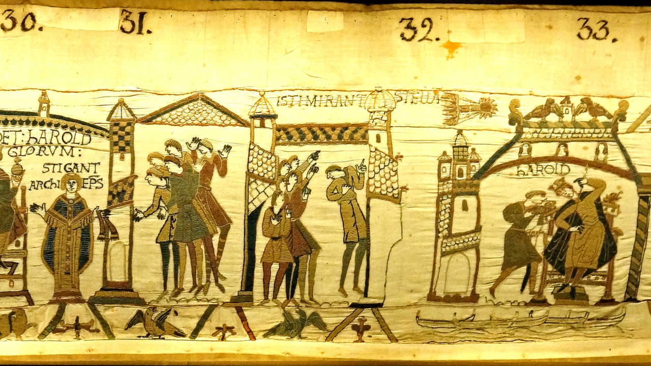 Historic depiction of Halley's Comet alongside modern comet imagery, illustrating cultural and scientific perspectives