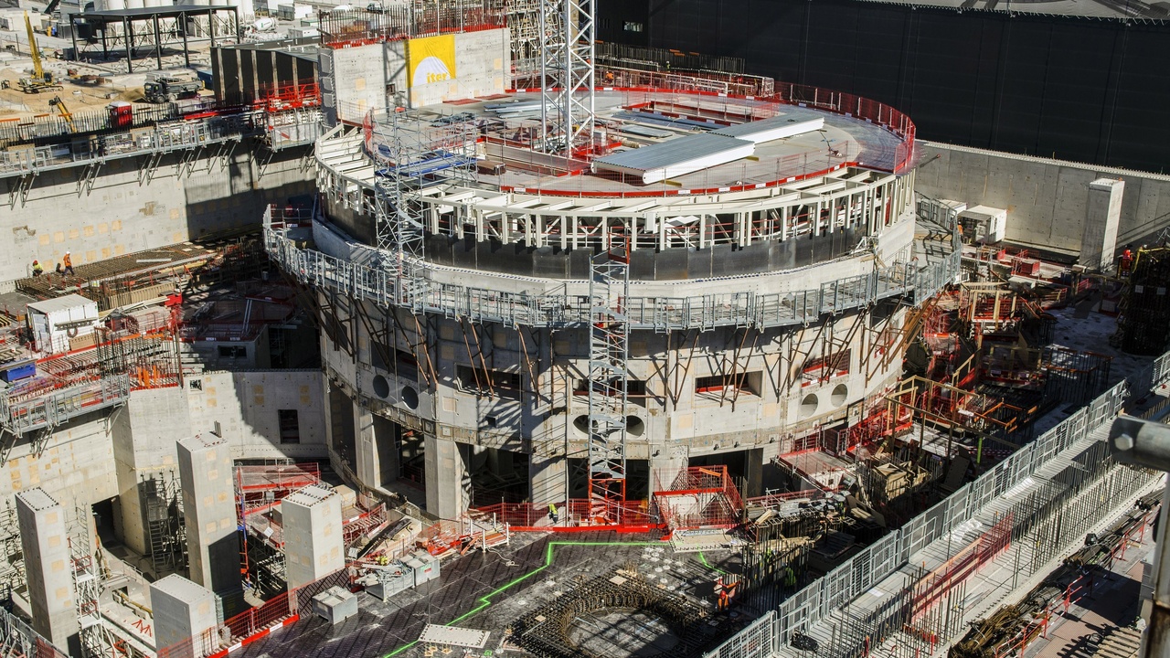 Interior of a tokamak under construction, showing large vacuum vessel components