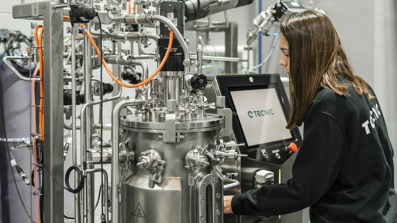 Industrial biomanufacturing fermentation tanks producing chemicals and pharmaceuticals