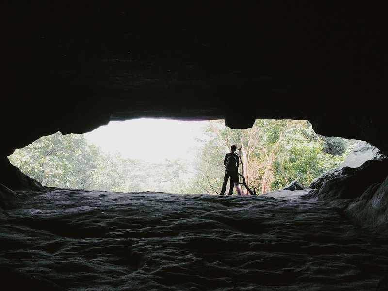A person stands silhouetted in a cave entrance, with sunlight illuminating the forest beyond.