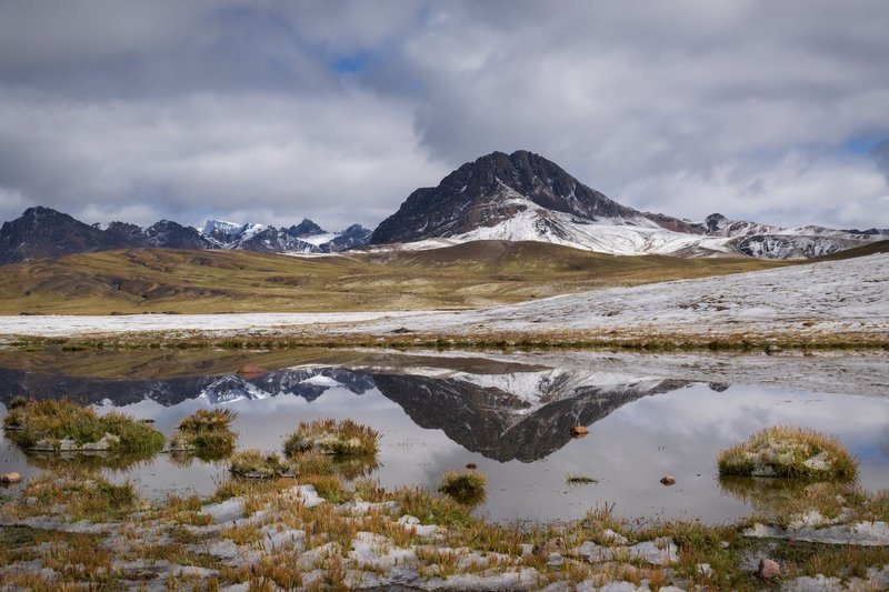 Breathtaking view of Andes mountains reflecting in a serene lake in Cusco, Peru.