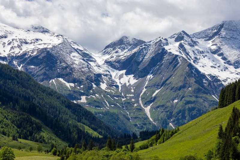 Breathtaking view of snow-capped mountains and lush greenery in the Alps.