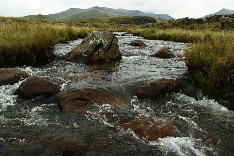 A peaceful mountain stream flows through a grassy landscape with rocks and hills in the background.