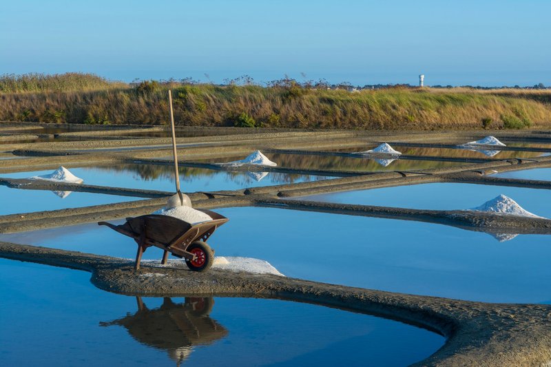 A tranquil view of salt extraction pans with a reflection in the water and clear blue skies.
