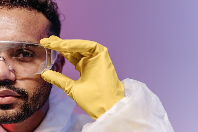 Close-up of a scientist adjusting goggles while wearing protective gear in a laboratory setting.