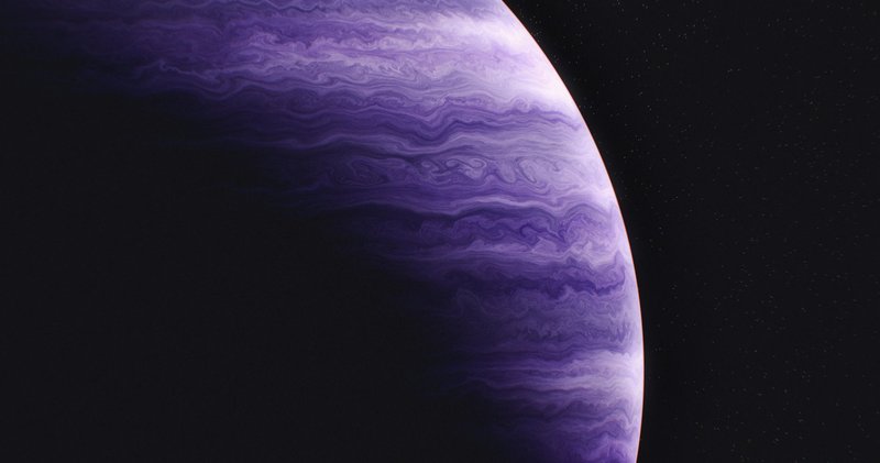 A stunning view of a purple gas giant planet with swirling clouds against a starry backdrop.