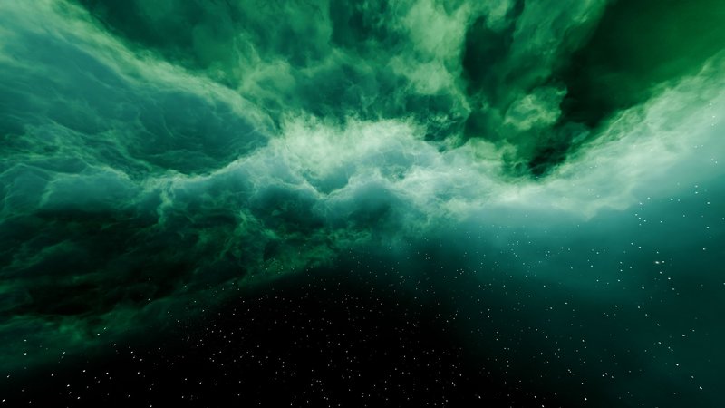 A vibrant green nebula in outer space with countless stars shining bright.