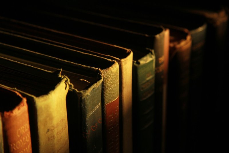 Row of vintage books with worn covers in warm sunlit shadow.