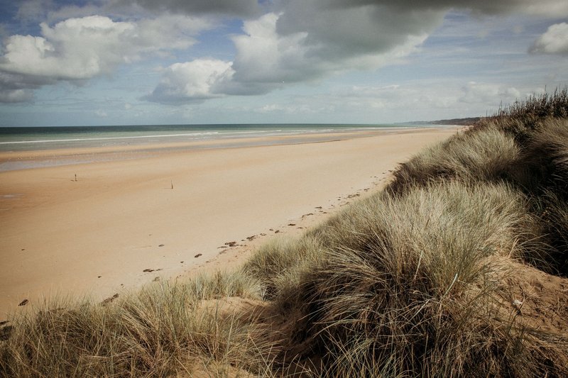 A tranquil seascape featuring a sandy beach, ocean, and grassy dunes under a partly cloudy sky.