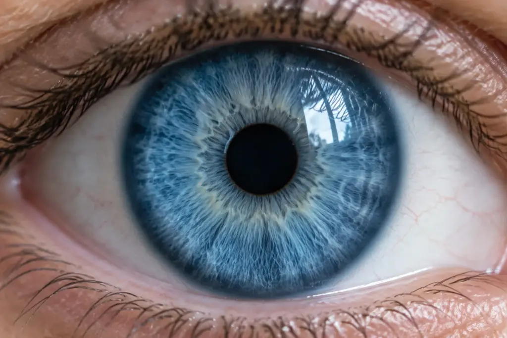 Close-up of a blue eye with pale radial fibres and a darker blue outer ring