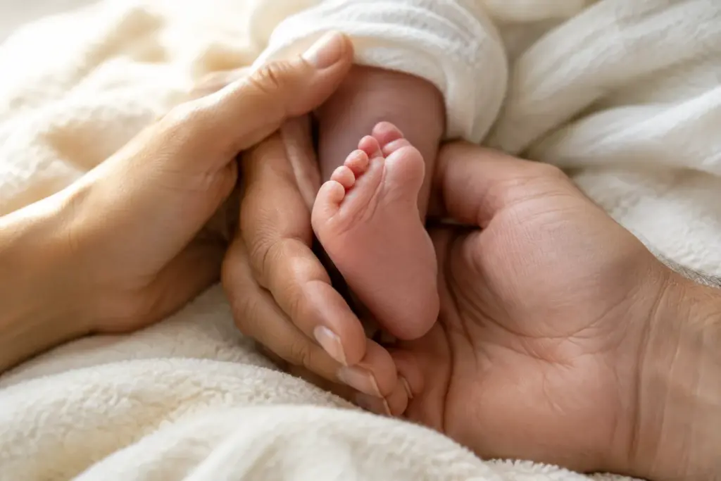 Two parents' hands cradling a newborn baby's foot on a cream blanket