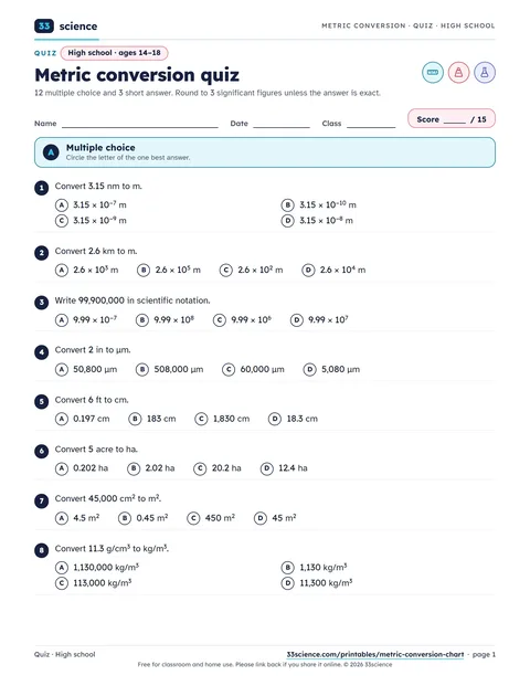 Preview of page 1 of the PDF: Metric Conversion Quiz, High school
